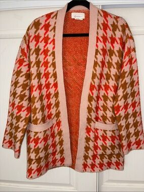 Anthropologie- Pink/ Brown Orange Houndstooth Open-Front Cardigan